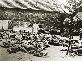 Немецкие солдаты рядом с трупами после расправы в Лидице