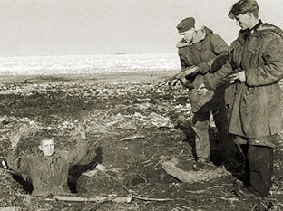 Солдаты СС позируют с пленным красноармейцем в окопе